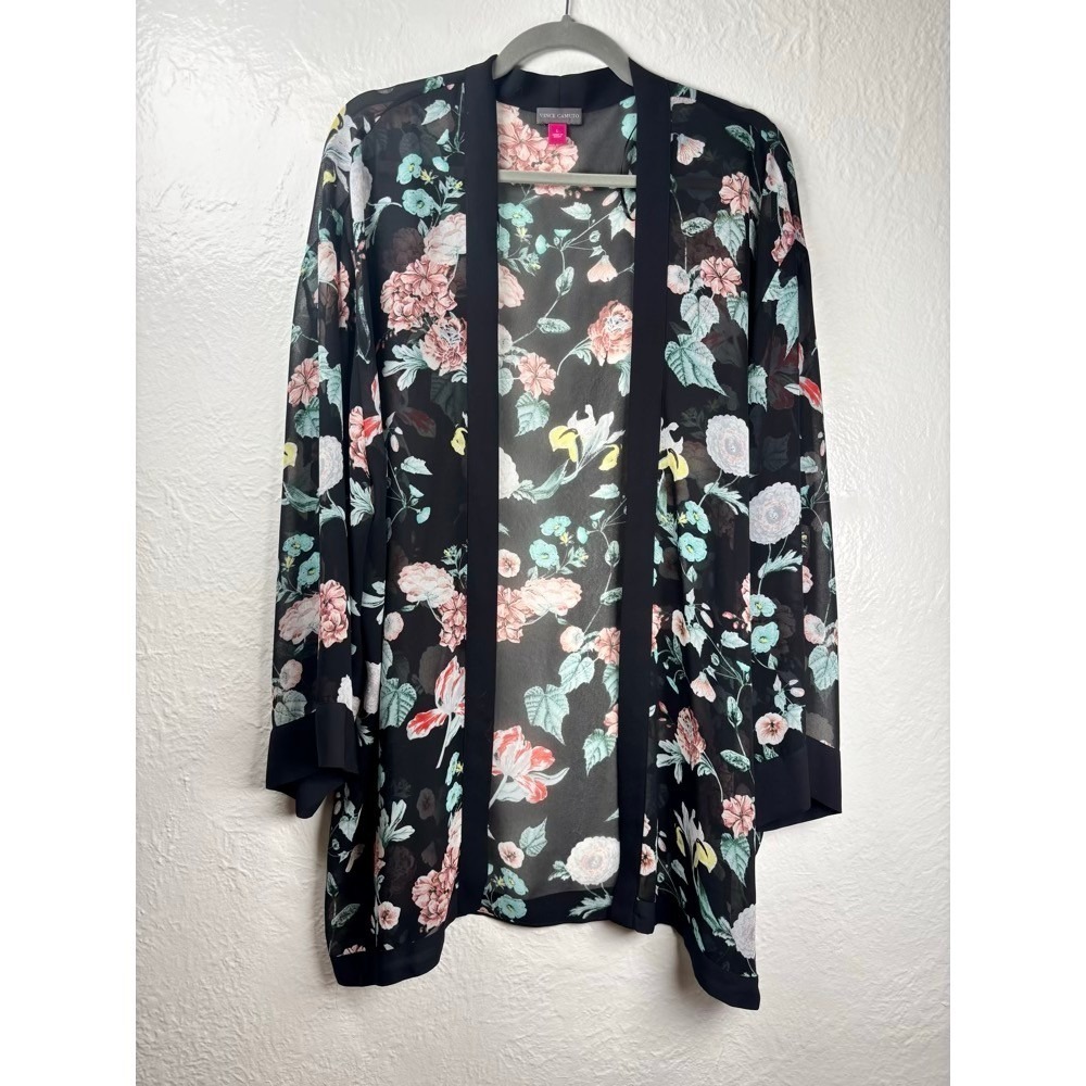 Vince Camuto Women Large Black Floral Sheer Kimono Cardigan Beach Coverup Boho